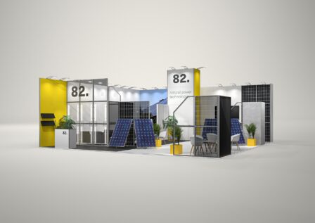 Stoisko targowe narożne 10x10m (100m²) – narożny projekt z ladą i zapleczem