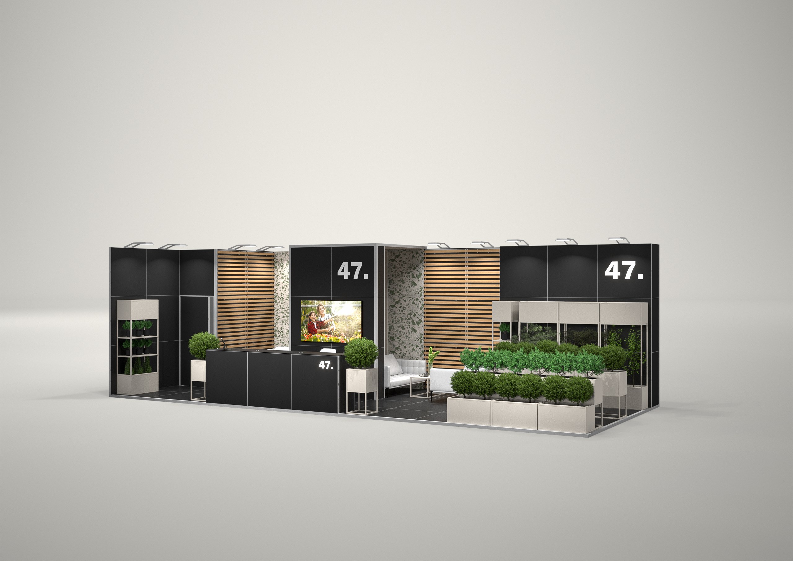 Stoisko targowe narożne 10x4m (40m²) – elegancka zabudowa narożna