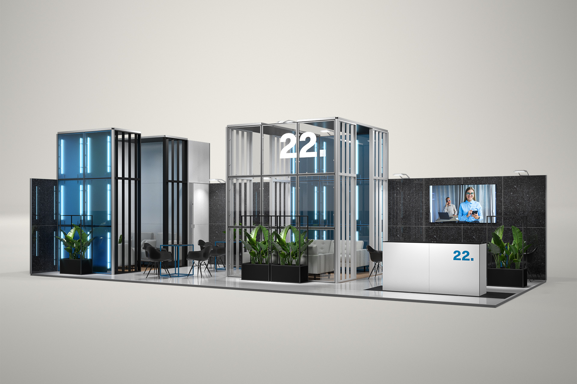 Stoisko targowe narożne 11x5m (55m²) – stoisko narożne z podświetleniem