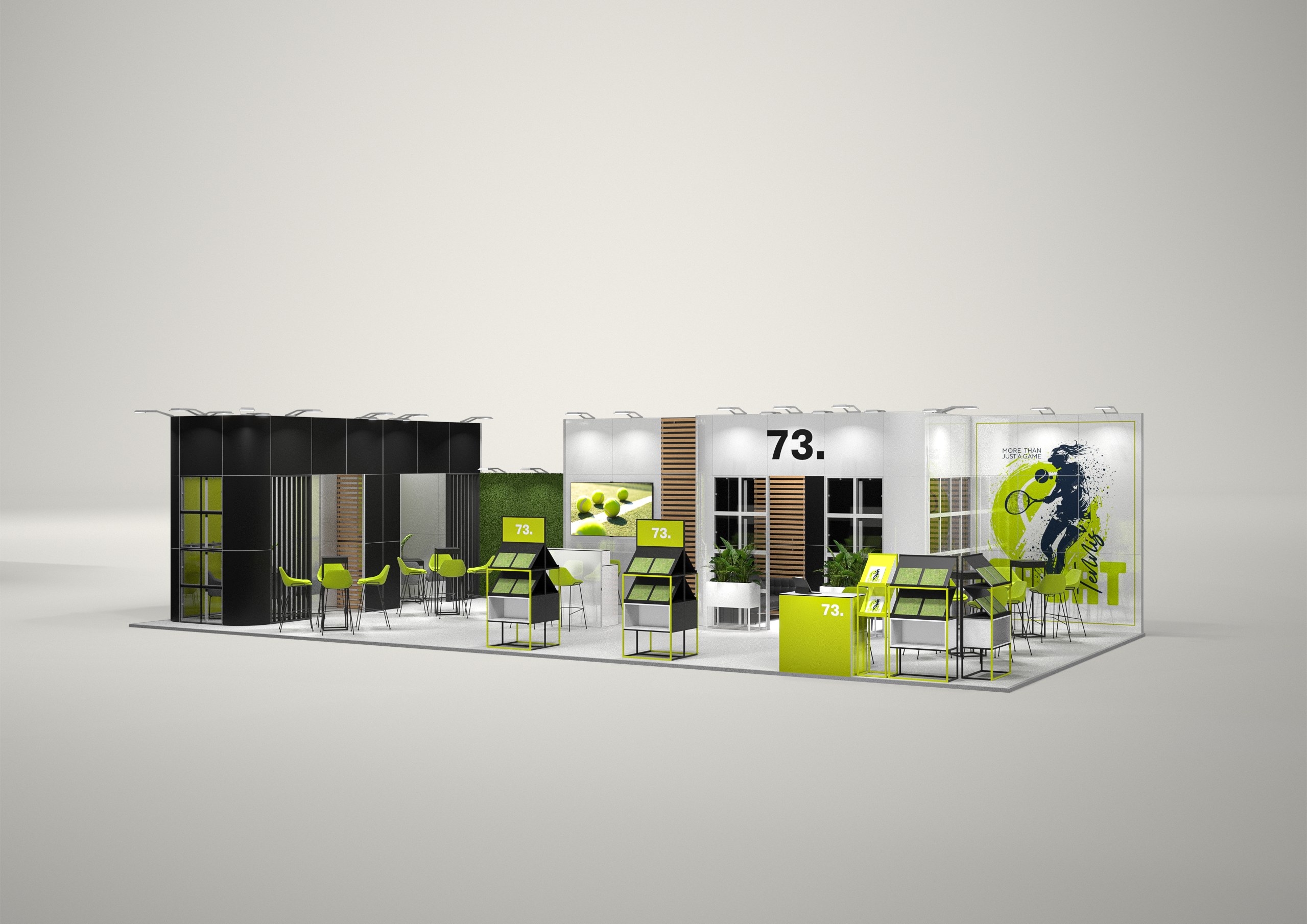 Stoisko targowe narożne 15x7m (105m²) – nowoczesna zabudowa narożna