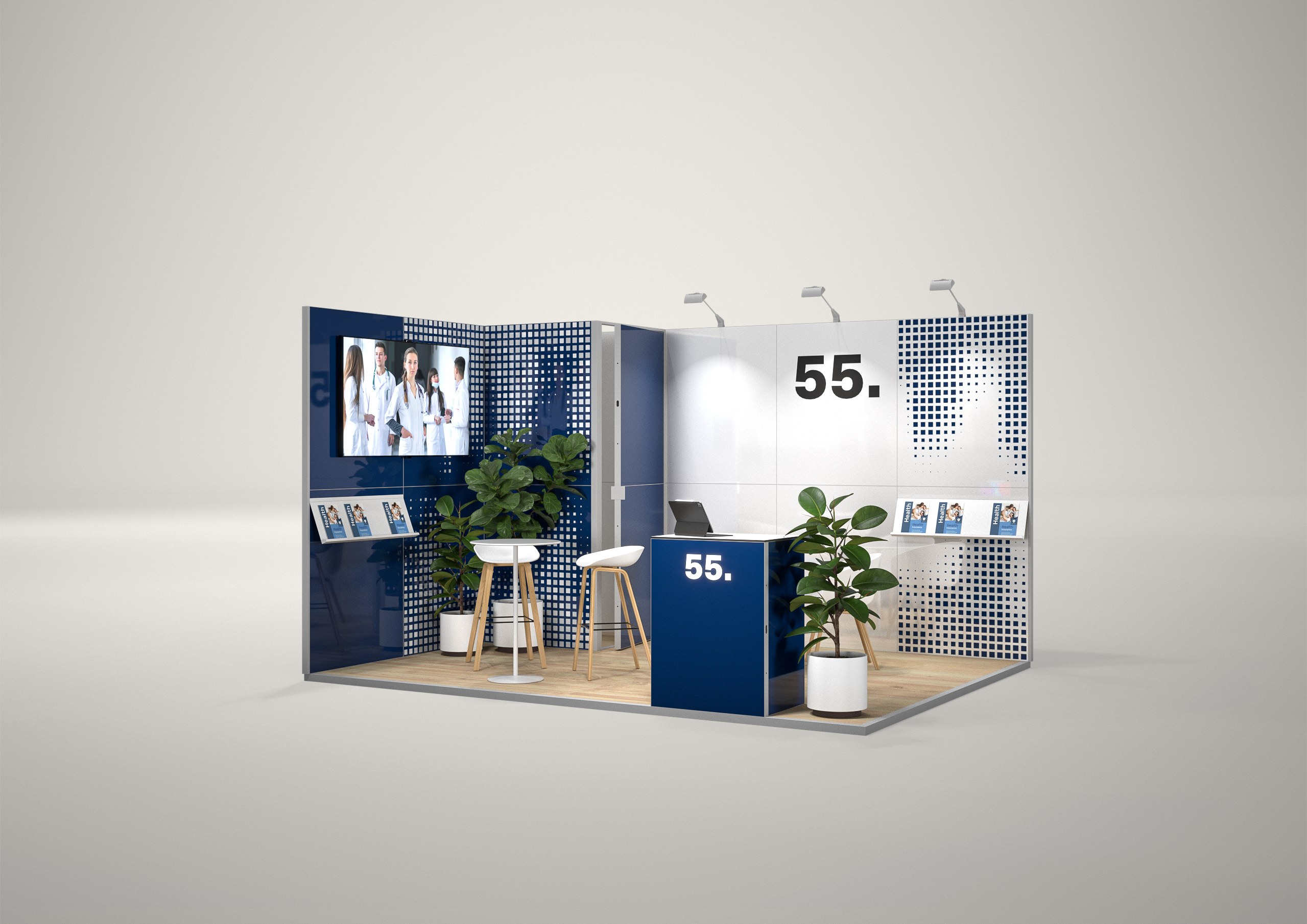 Stoisko targowe narożne 4x3m (12m²) – narożna zabudowa targowa z grafiką