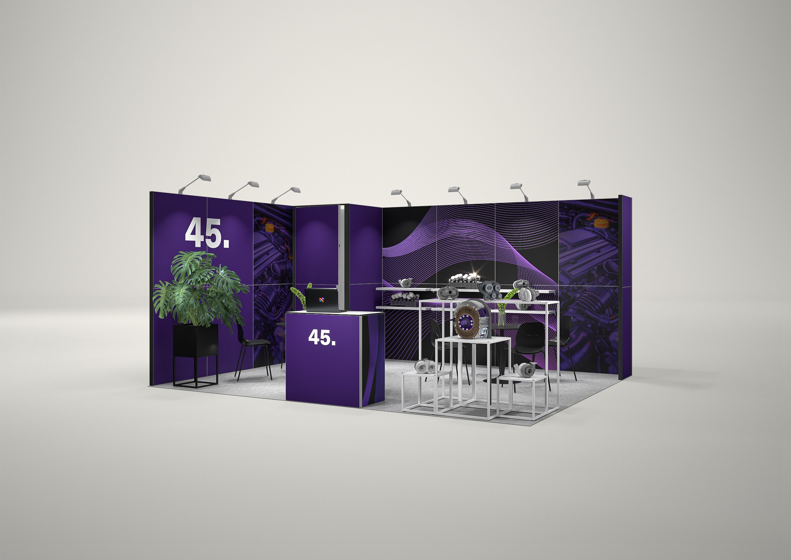 Stoisko targowe narożne 5x4m (20m²) – projekt z zabudową narożną