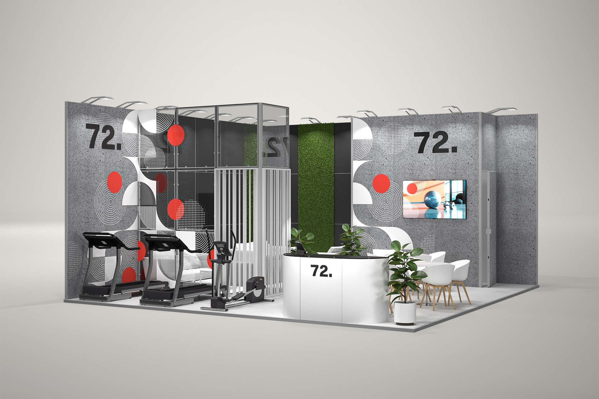 Stoisko targowe narożne 7x7m (49m²) – projekt z zabudową narożną