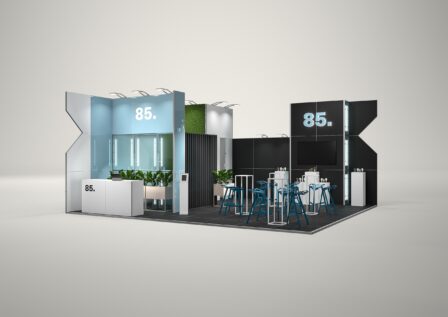 Stoisko targowe narożne 8x7m (56m²) – nowoczesna zabudowa narożna