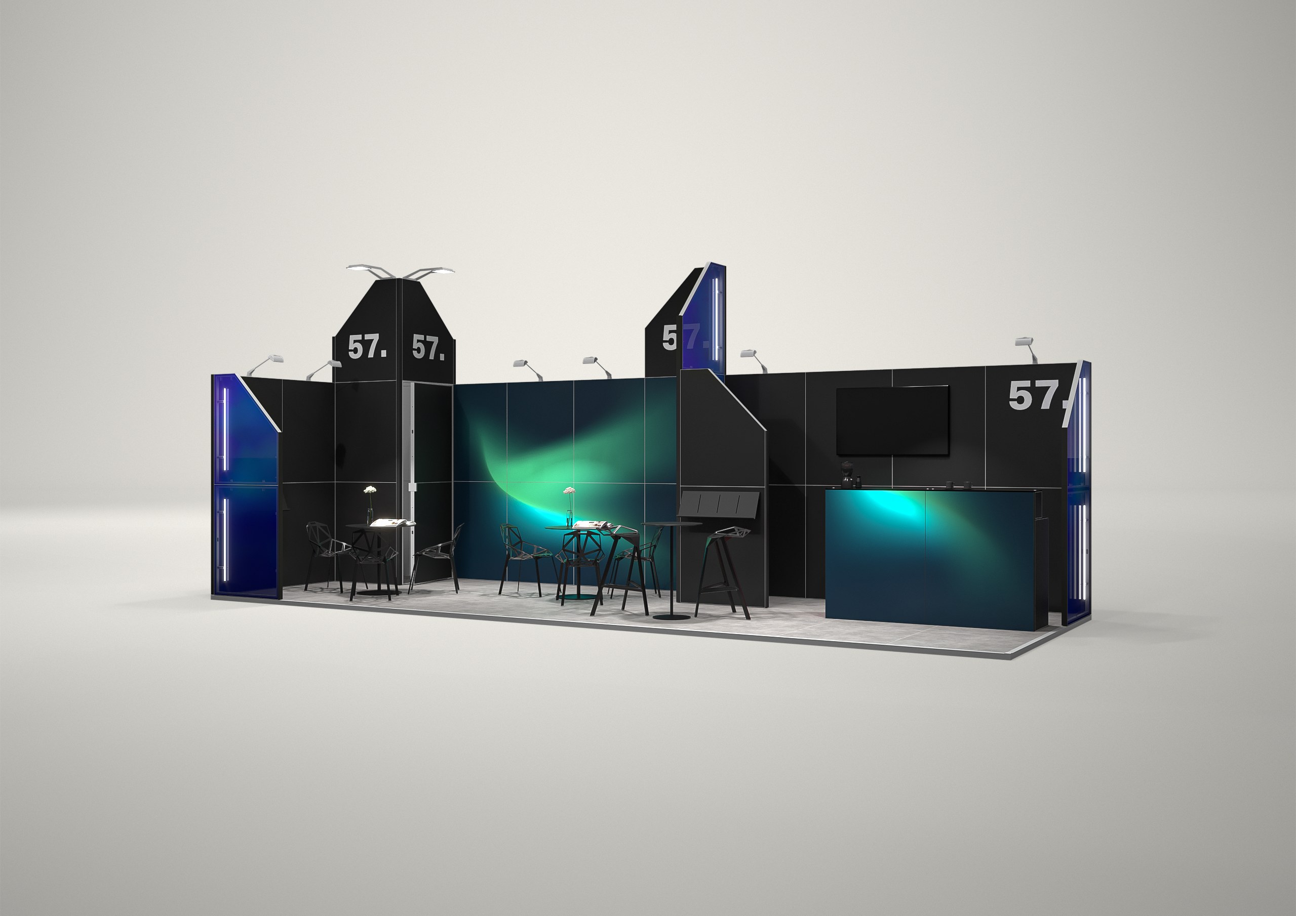 Stoisko targowe narożne 9x3m (27m²) – kompaktowy projekt narożny