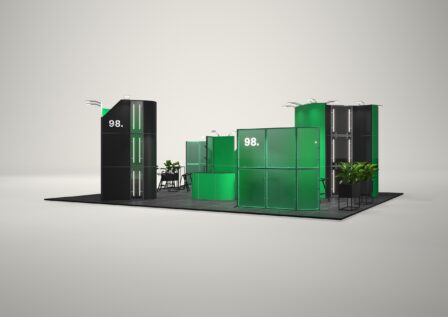 Stoisko targowe półwyspowe 12x10m (120m²) – półwyspowe stoisko otwarte z trzech stron
