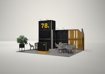 Stoisko targowe półwyspowe 6x5m (30m²) – półwyspowe stoisko otwarte z trzech stron
