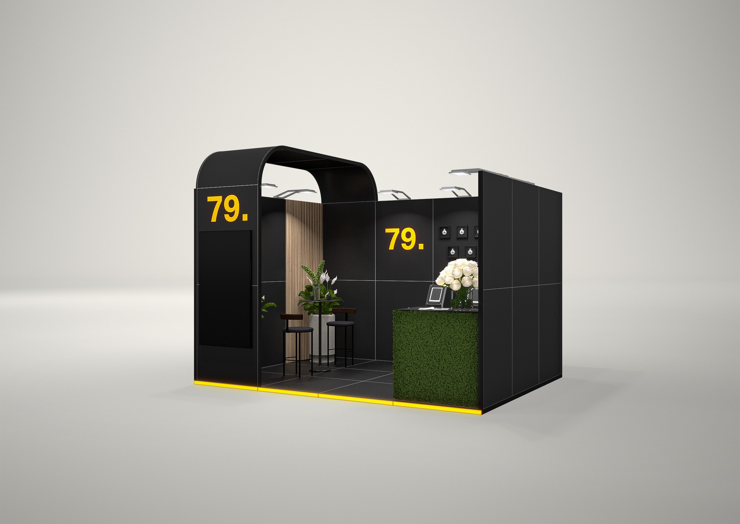 Stoisko targowe szeregowe 4x3m (12m²) – elegancki projekt szeregowy