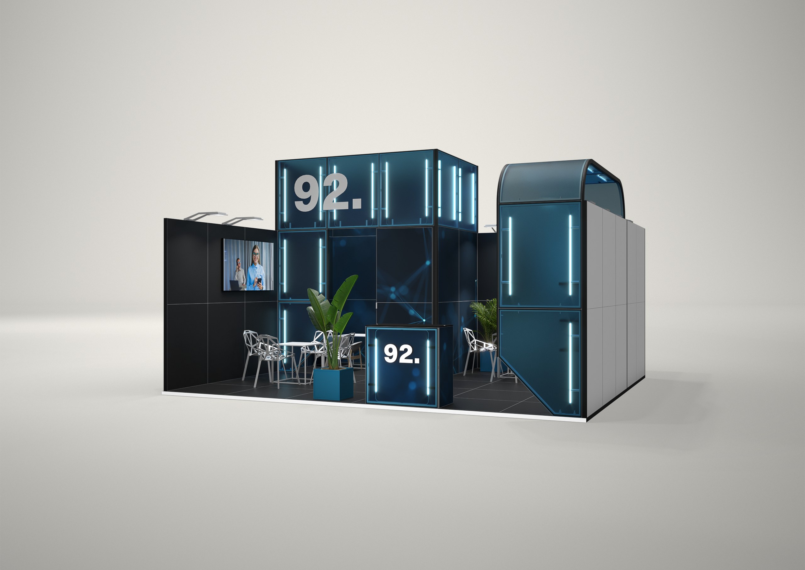 Stoisko targowe szeregowe 6x5m (30m²) – szeregowe stoisko z podświetleniem